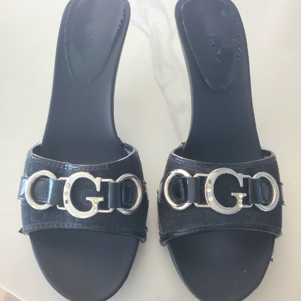 Guess Black and Silver Heels with Sleek Design 7.5 Med.